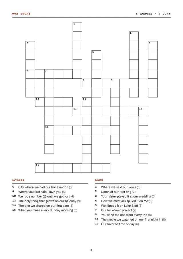 Page 3 of the sample, the puzzle: a numbered grid with 6 Across and 9 Down clues