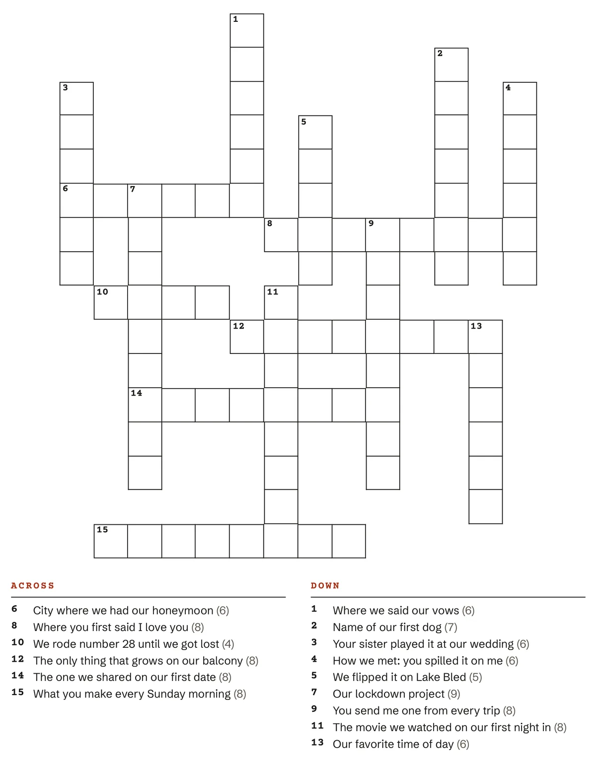 The puzzle page of the sample: an empty numbered grid and the clues under it. Across: 6 City where we had our honeymoon (6), 8 Where you first said I love you (8). Down: 2 Name of our first dog (7), 4 How we met: you spilled it on me (6), and eleven more clues