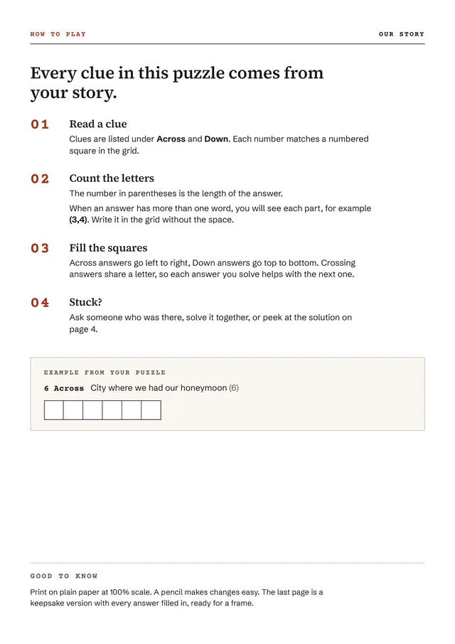 Page 2 of the sample, How to play: four short steps and an example clue taken from the puzzle