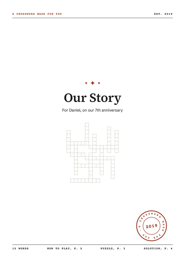 Page 1 of the sample, the cover: A crossword made for you, est. 2019, the title Our Story, the dedication For Daniel, on our 7th anniversary, and the outline of the grid
