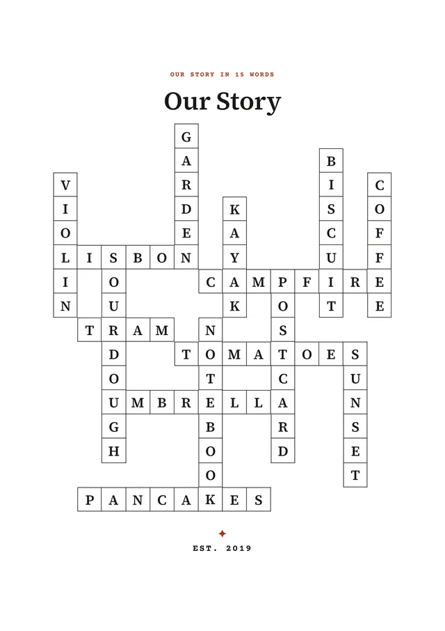 Page 5 of the sample, the keepsake page: the filled grid with the title Our Story and est. 2019