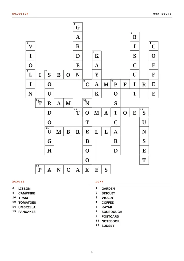 Page 4 of the sample, the solution: the grid with every answer and the list of answers
