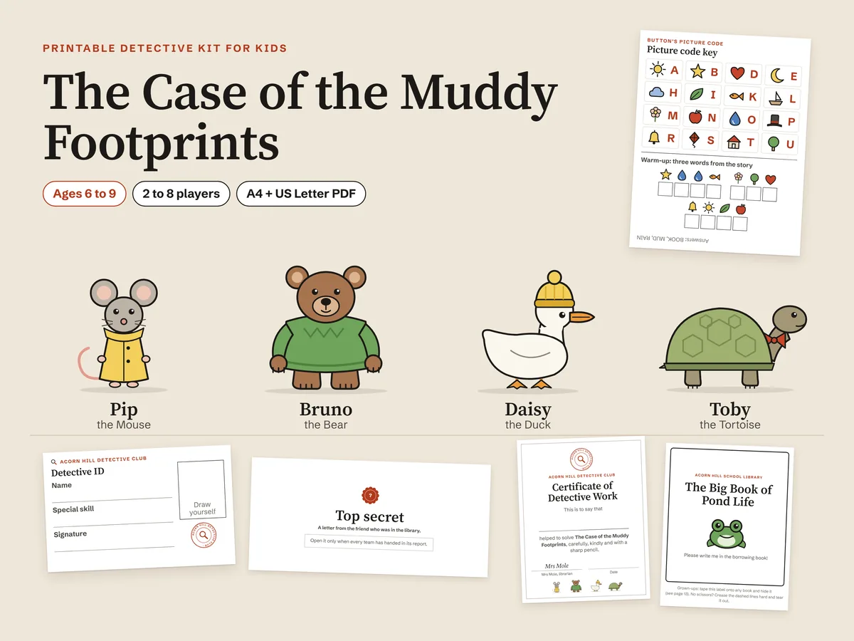 The kit laid out: the title, Button's picture code key with warm-up words, the four friends Pip the Mouse, Bruno the Bear, Daisy the Duck and Toby the Tortoise, a detective ID card, the top secret letter, a certificate and the label for The Big Book of Pond Life