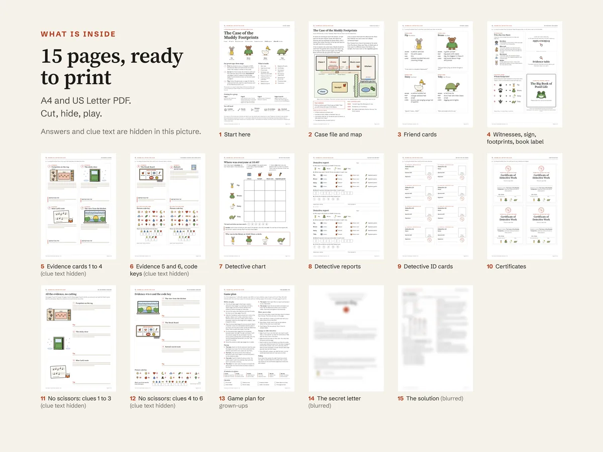 All fifteen pages of the A4 file side by side with a label under each; the letter and the solution are blurred and the clue text is hidden