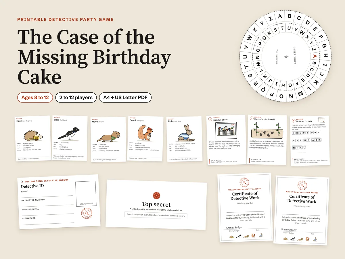 The kit laid out: the title, the code wheel set to a key, five suspect cards (Hazel the Hedgehog, Milo the Magpie, Olive the Otter, Scout the Squirrel, Rufus the Hare), three evidence cards, a detective ID card, the folded top secret letter and two certificates
