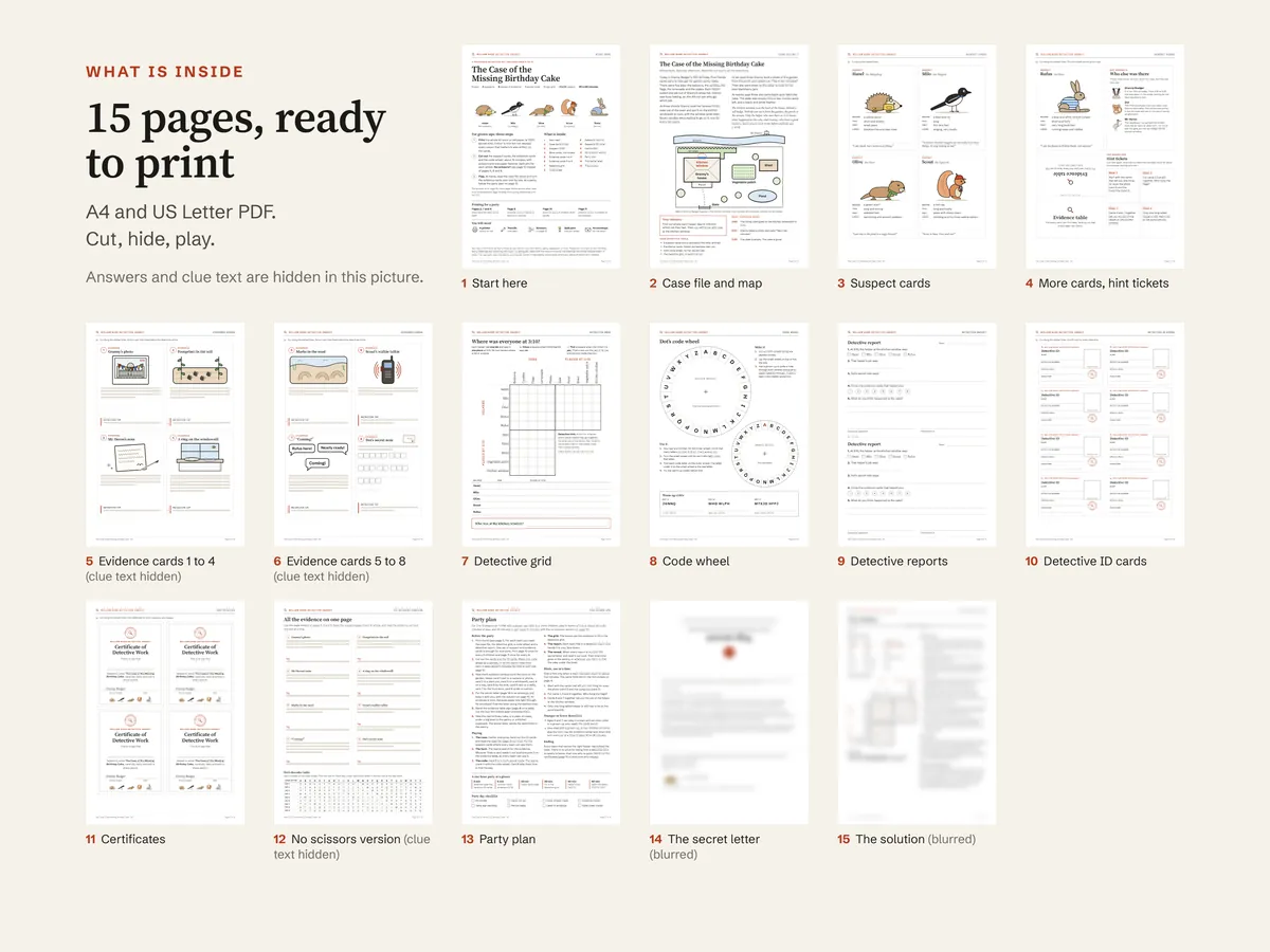 All fifteen pages of the A4 file side by side with a label under each; the letter and the solution are blurred and the clue text is hidden