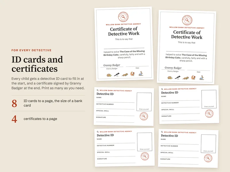 Two certificates of detective work signed by Granny Badger and four detective ID cards with space for a name, number, skill and a self portrait