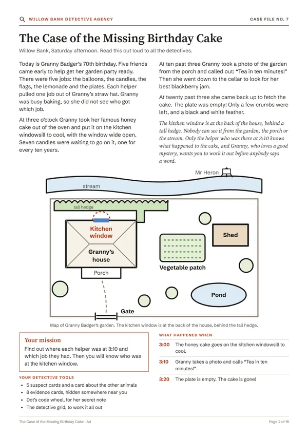 Page 2, the case file: the story of the missing honey cake and a map of the garden