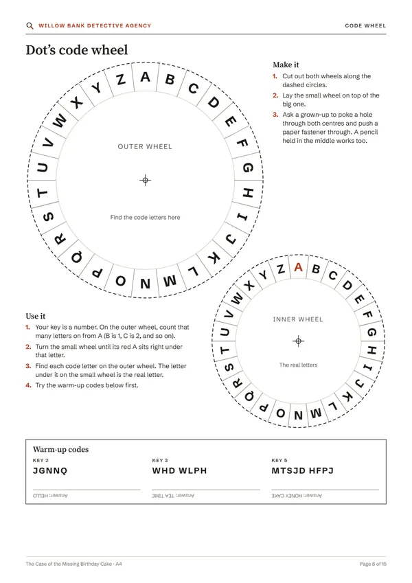 Page 8, the code wheel to cut out with three warm-up codes