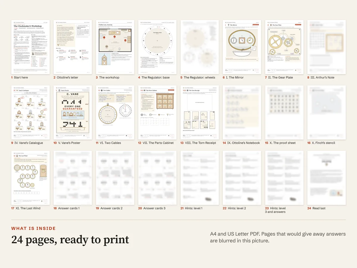 All twenty-four pages of the A4 file side by side with a label under each; the decoder wheels, Arthur's note, the notebook, the proof sheet and stencil, the answer cards, the hints and the last page are blurred