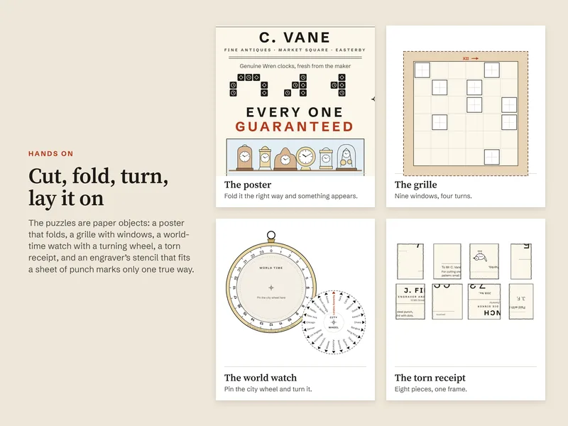 Four paper puzzles: the top of Vane's poster, the grille with nine windows, the world time watch with its city wheel, and the eight pieces of a torn receipt