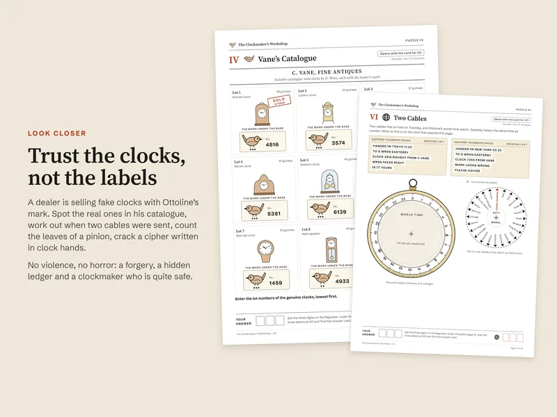 Two puzzle pages: IV, Vane's Catalogue, with nine clocks and the maker's mark under each, and VI, Two Cables, with two telegrams and the world time watch