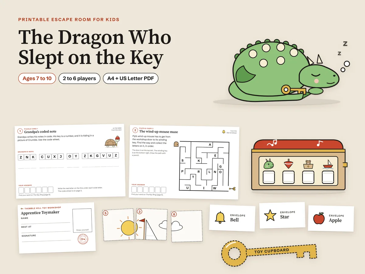 The game laid out: the title, Crumble the dragon asleep on a brass key, puzzle card 1 with Grandpa's coded note, puzzle card 2 with the wind-up mouse maze, the music box lock, an Apprentice Toymaker badge, three boat picture pieces, the Bell, Star and Apple envelope labels and the paper key to the toy cupboard
