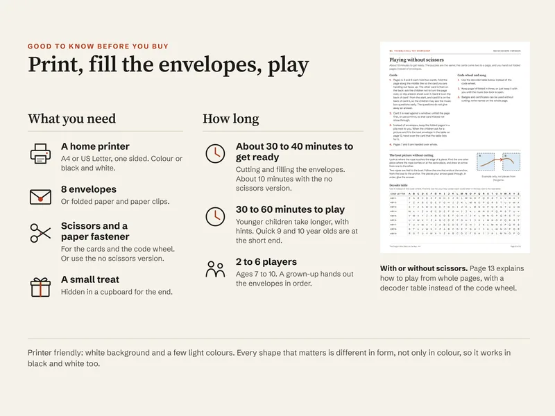 What you need: a printer, 8 envelopes, scissors and a paper fastener, a small treat; how long it takes and how many can play; and page 13, the no scissors version