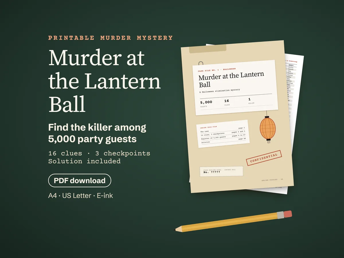 The case file cover of Murder at the Lantern Ball: 5,000 guests, 16 clues, 1 killer, a paper lantern, a confidential stamp and a register page behind it