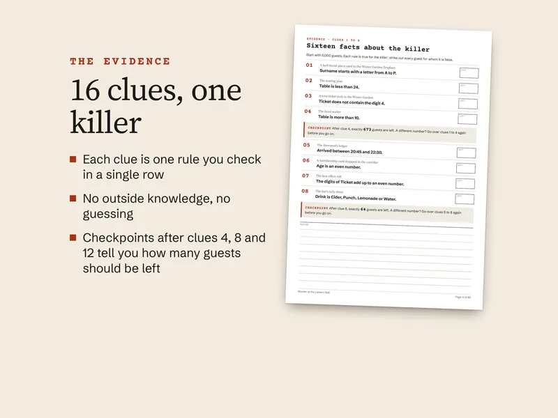 Page 4 of the A4 file: clues 1 to 8, each with where it was found, a box for the count and two checkpoints