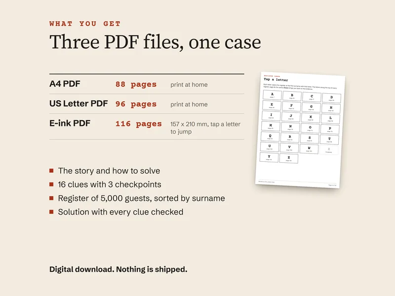 The three files with their page counts, and the index page of the E-ink file where every letter jumps to that part of the register