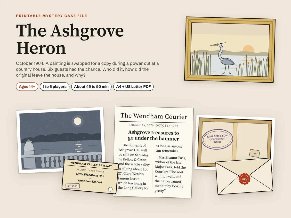 The case file laid out: the painting Heron at First Light in a gold frame, a moonlit photograph of a lake behind a stone balustrade, a railway ticket, a cutting from The Wendham Courier, the back of the canvas with the maker's stamp and a sealed envelope