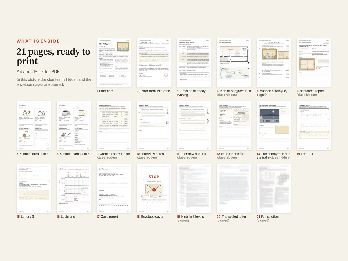 All twenty-one pages of the A4 file side by side with a label under each; the clue text is hidden and the hints, the sealed letter and the solution are blurred
