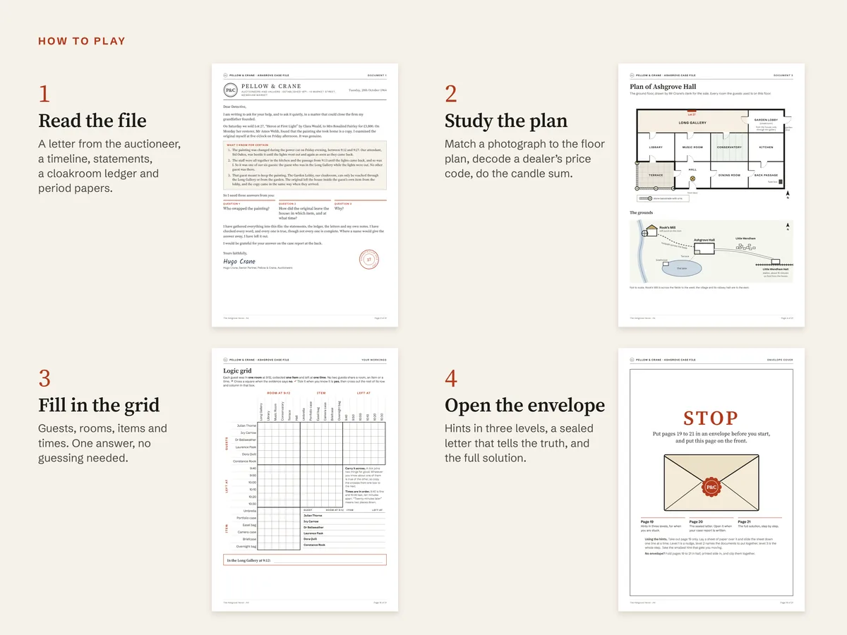 How to play in four steps: read the file, starting with Mr Crane's letter; study the plan of Ashgrove Hall; fill in the logic grid; open the envelope, with the STOP cover page