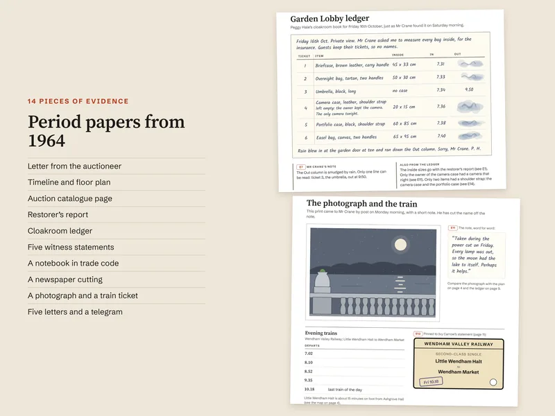 Two pages from the file: the Garden Lobby ledger with six bags, their inside sizes and times, and the page with the moonlit photograph, the evening train times and the railway ticket