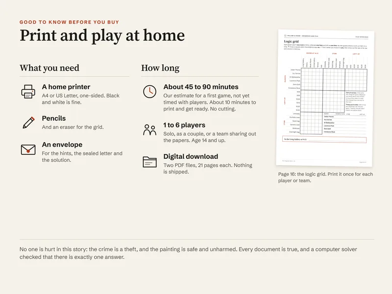 Good to know before you buy: a home printer, pencils and an envelope; about 45 to 90 minutes; 1 to 6 players; two PDF files of 21 pages; and page 16, the logic grid