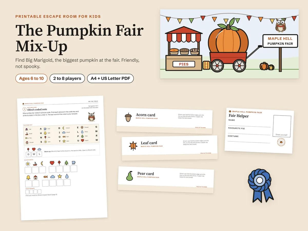 The game laid out: the title, Big Marigold the pumpkin in her red wagon by the pie stall with Olive the Owl, page 4 with Olive's coded note in picture code, three folded cards showing only their Acorn, Leaf and Pear picture strips, a Fair Helper badge and a blue ribbon