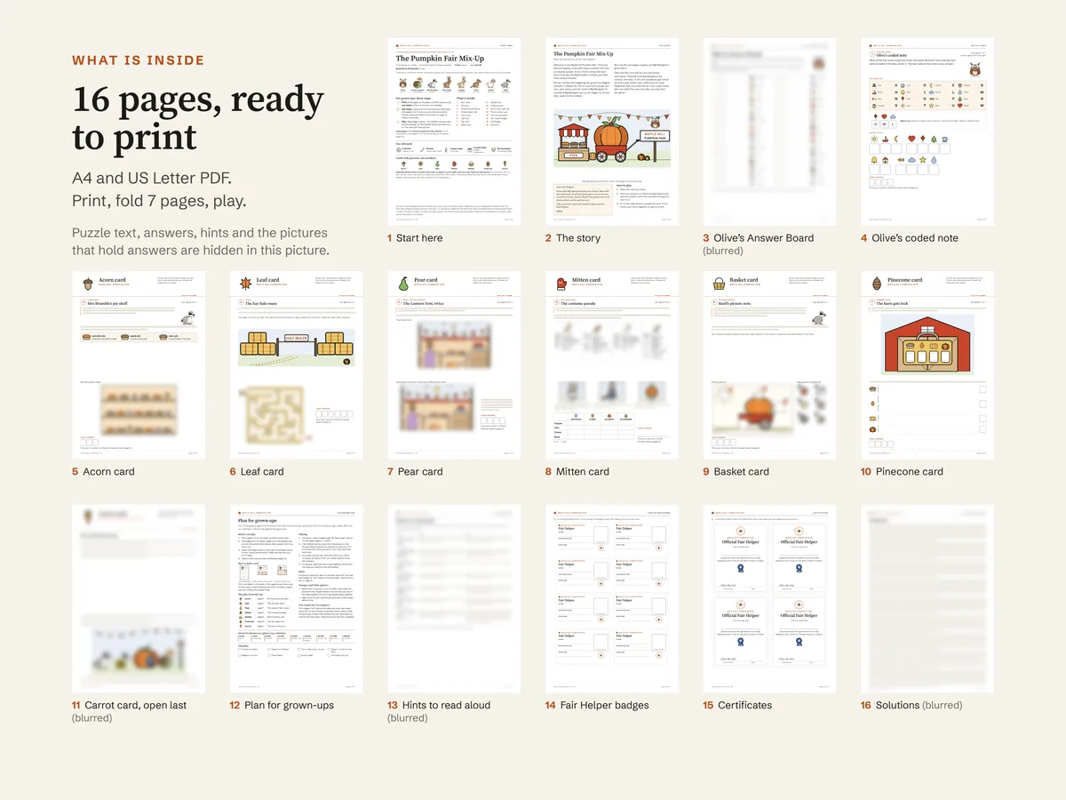 All sixteen pages of the A4 file side by side; the Answer Board, the end of the story, the hints, the solutions and the drawings that hold answers are blurred, and the puzzle text is hidden